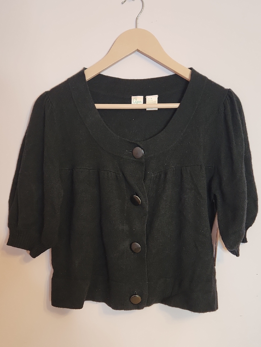 AQUA Silk & Cashmere Blend Short-Sleeve Button Front Sweater Cardigan, size M